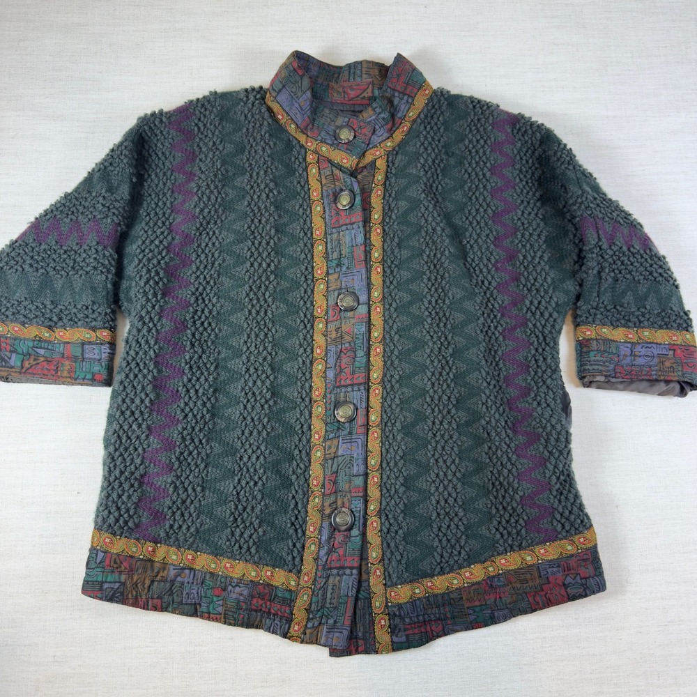 Mariea Kim Green Textured Knit Jacket Purple Chevron Abstract Trim Boho Cardigan